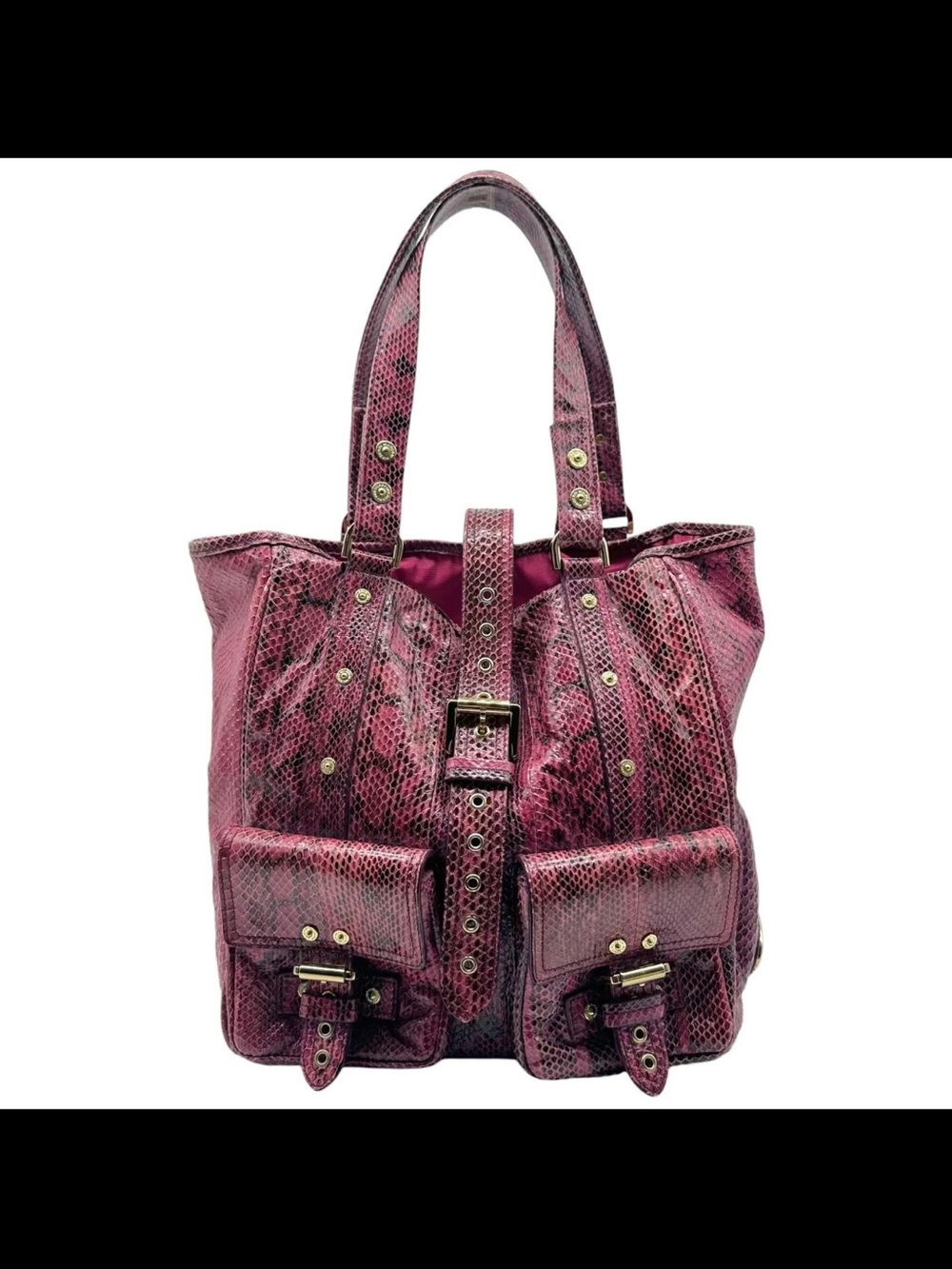 Mulberry Pink Snake-Print Leather Tote with Buckle Front Pockets
